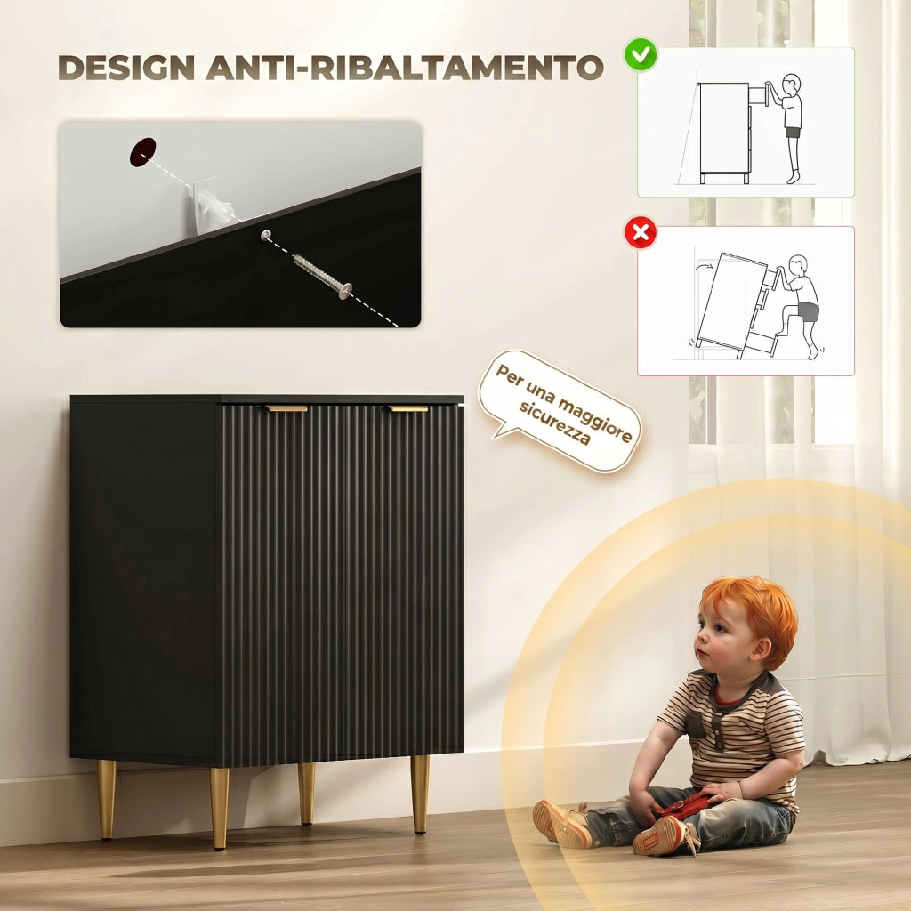 Credenza Moderna 60x40x80 cm con 2 Ante e Ripiano Regolabile con Gambe in Metallo in MDF Nero