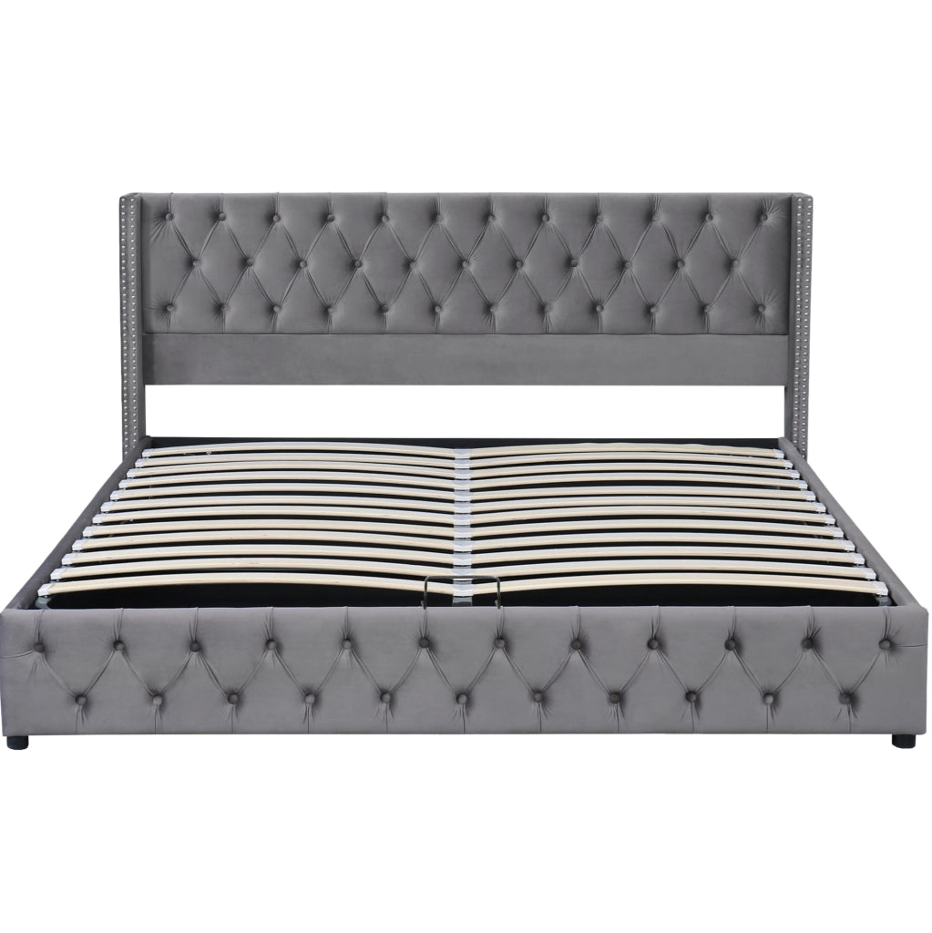 Letto matrimoniale 180x200 cm in velluto grigio stile Chesterfield con contenitore idraulico