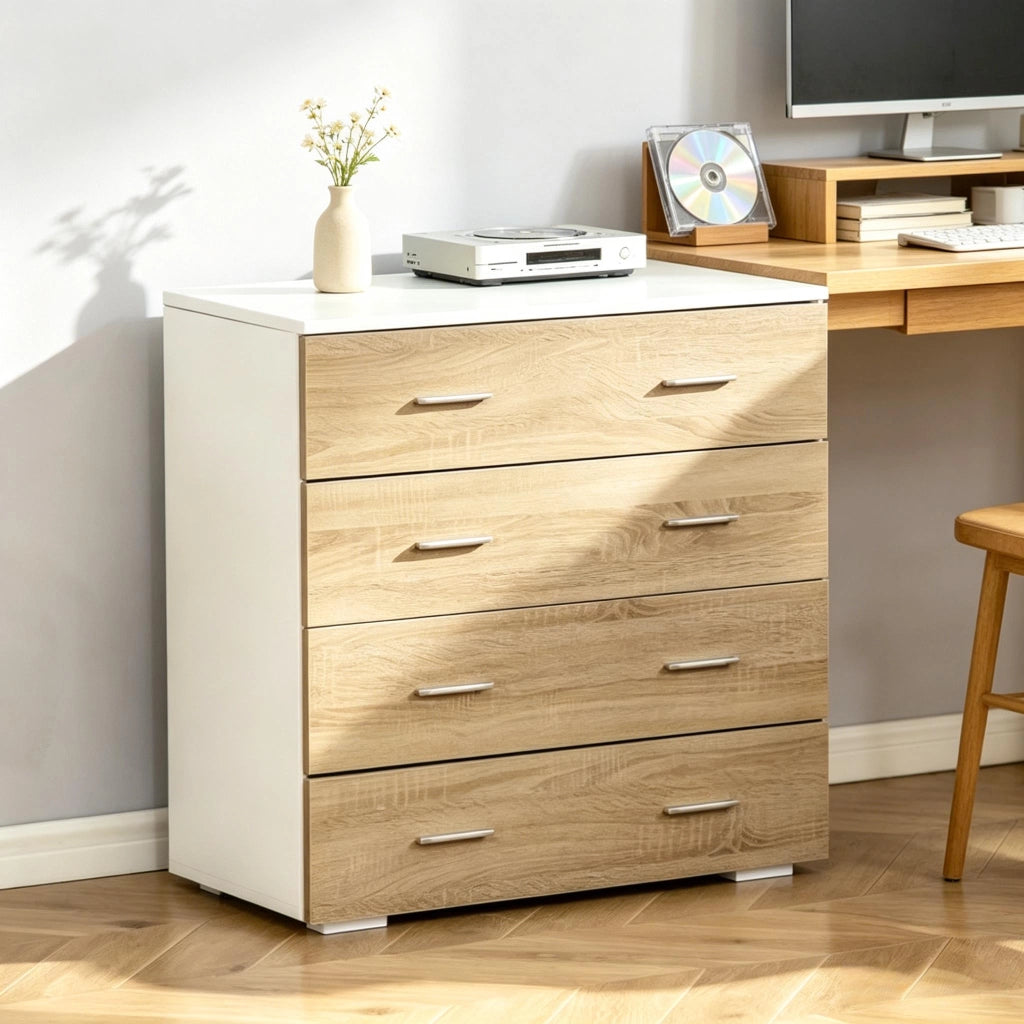 Comò con 4 cassetti e maniglie in metallo, per camera da letto e soggiorno, bianco e legno, 76 × 35 × 72 cm