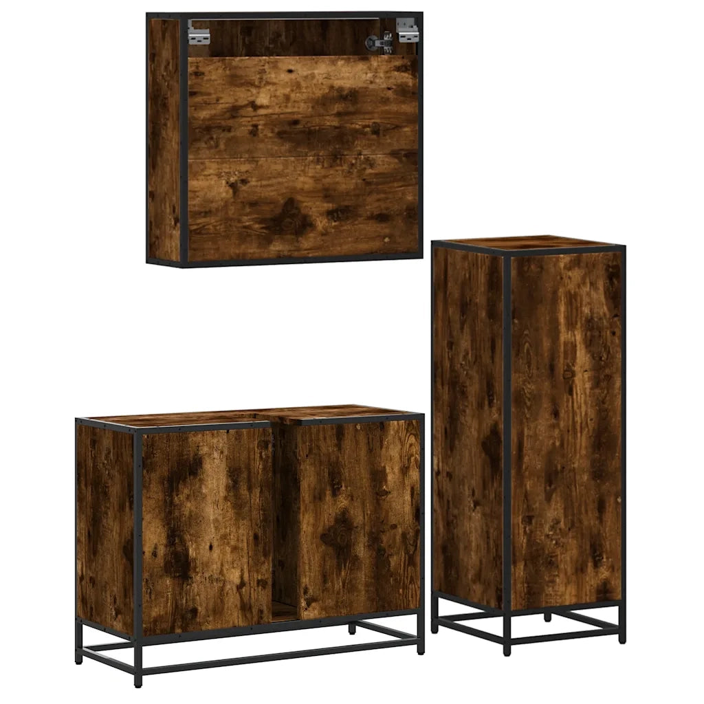 Set Mobili da Bagno 3 pz Rovere Fumo in Legno Multistrato