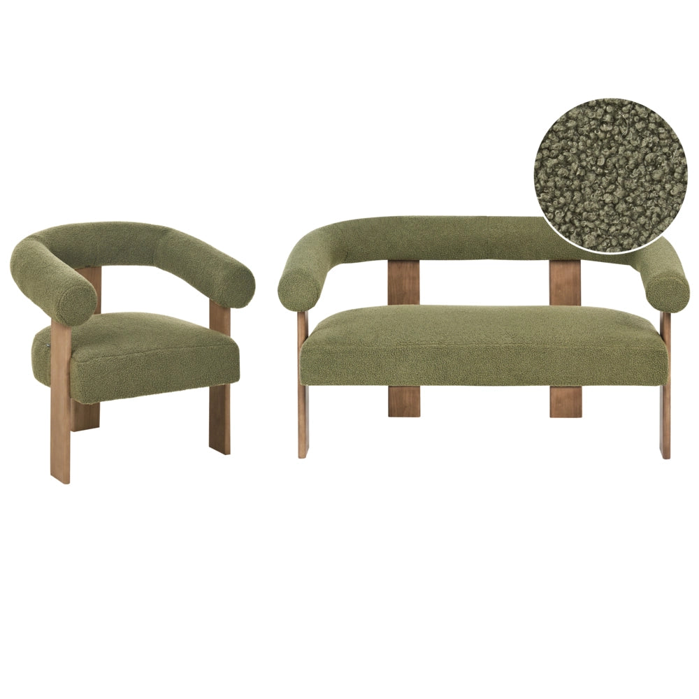 Set da salotto divano a 2 posti poltrona imbottita bouclé verde e marrone scuro stile retrò soggiorno