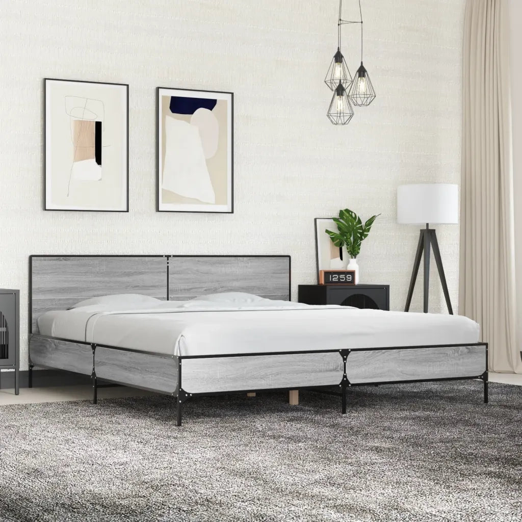 Letto matrimoniale | Letto per adulti | Giroletto Grigio Sonoma 200x200 cm in Legno Multistrato Metallo