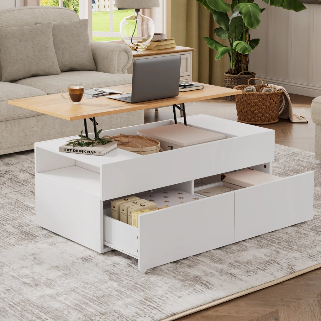 OKWISH Tavolino da Caffè Alzabile con 2 Cassetti e Vani Semiaperti, per Soggiorno, in Pannello di Particelle, Bianco, 100×50×40 cm