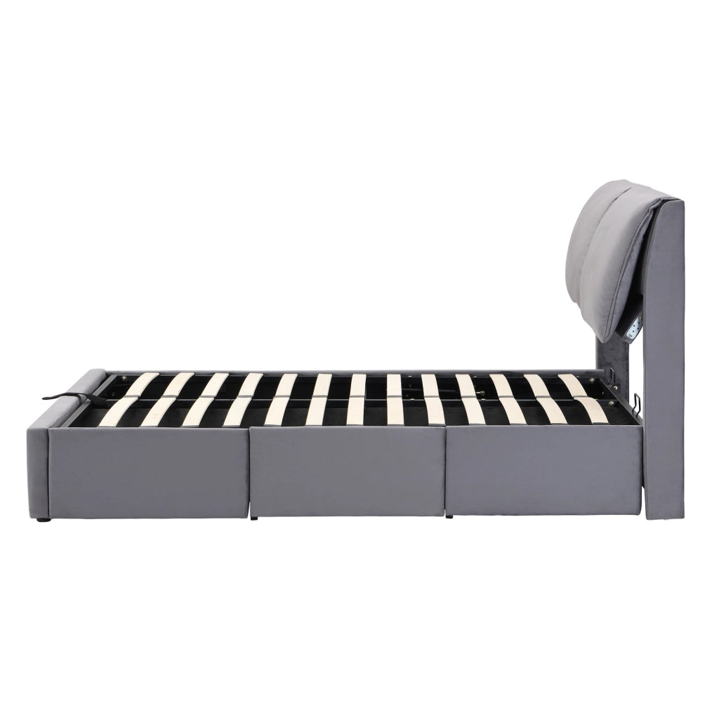 Letto imbottito in velluto grigio 140 x 200 cm con contenitore e cassetti