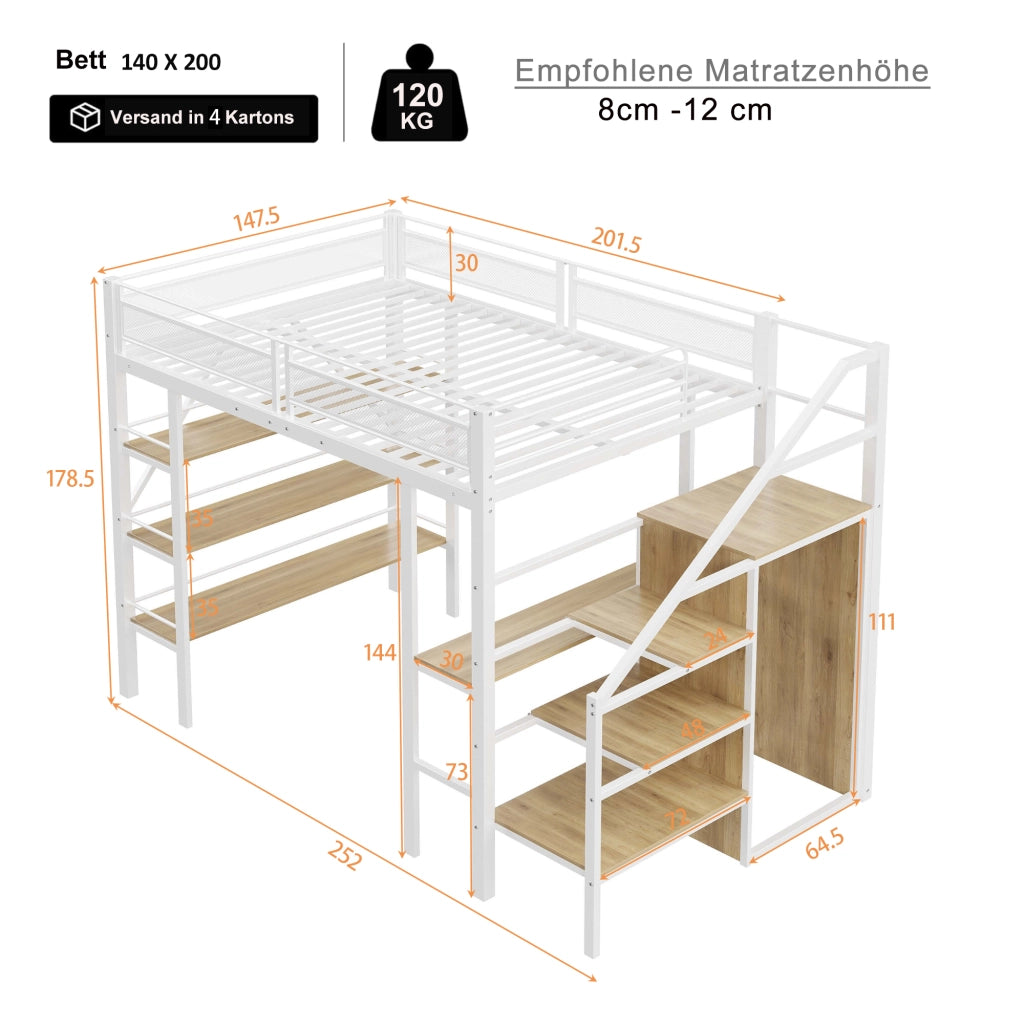 Letto alto bianco in metallo con scrivania armadio e scaffali a tre livelli 140x200 cm