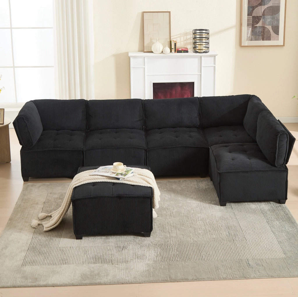 Divano modulare 6 posti 308 cm; velluto a coste nero; configurazione U/L e funzione letto