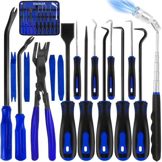 Set di attrezzi a gancio e clip con 17 pezzi, spazzola a clip automatica, tirapiedi a vite, set di strumenti meccanici per la rimozione di guarnizioni a olio/O-ring, spazzola a sigillatura telescopica (blu)