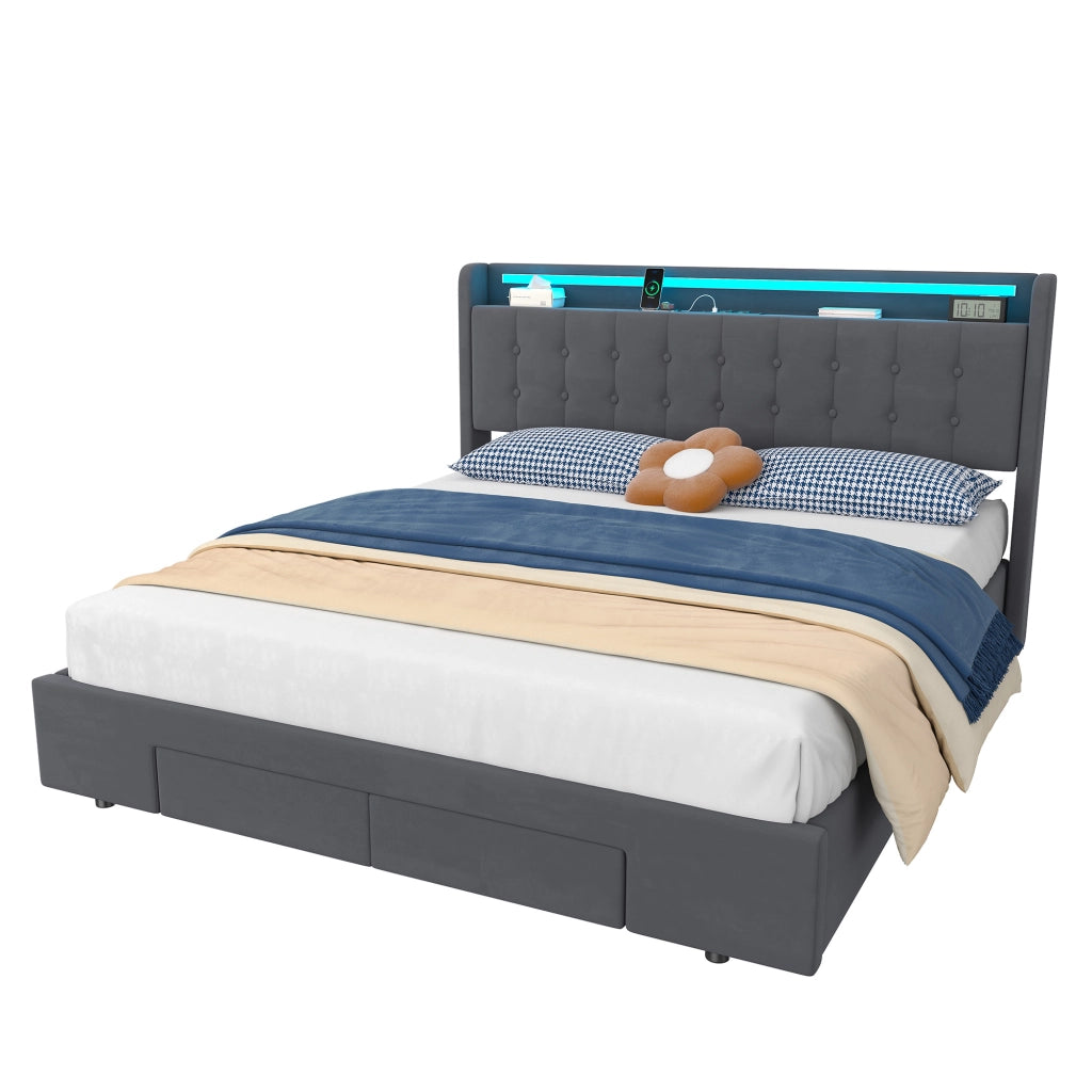 Letto matrimoniale imbottito 180x200 cm grigio scuro in velluto con contenitore, cassetti, LED e porta USB