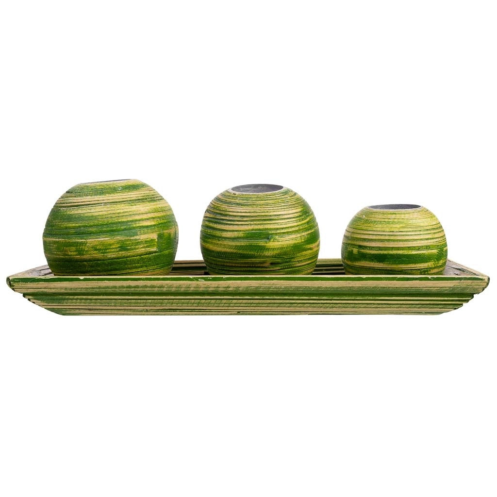 Set vassoio e 3 portacandele in legno di bambù verde 33x13x3h cm