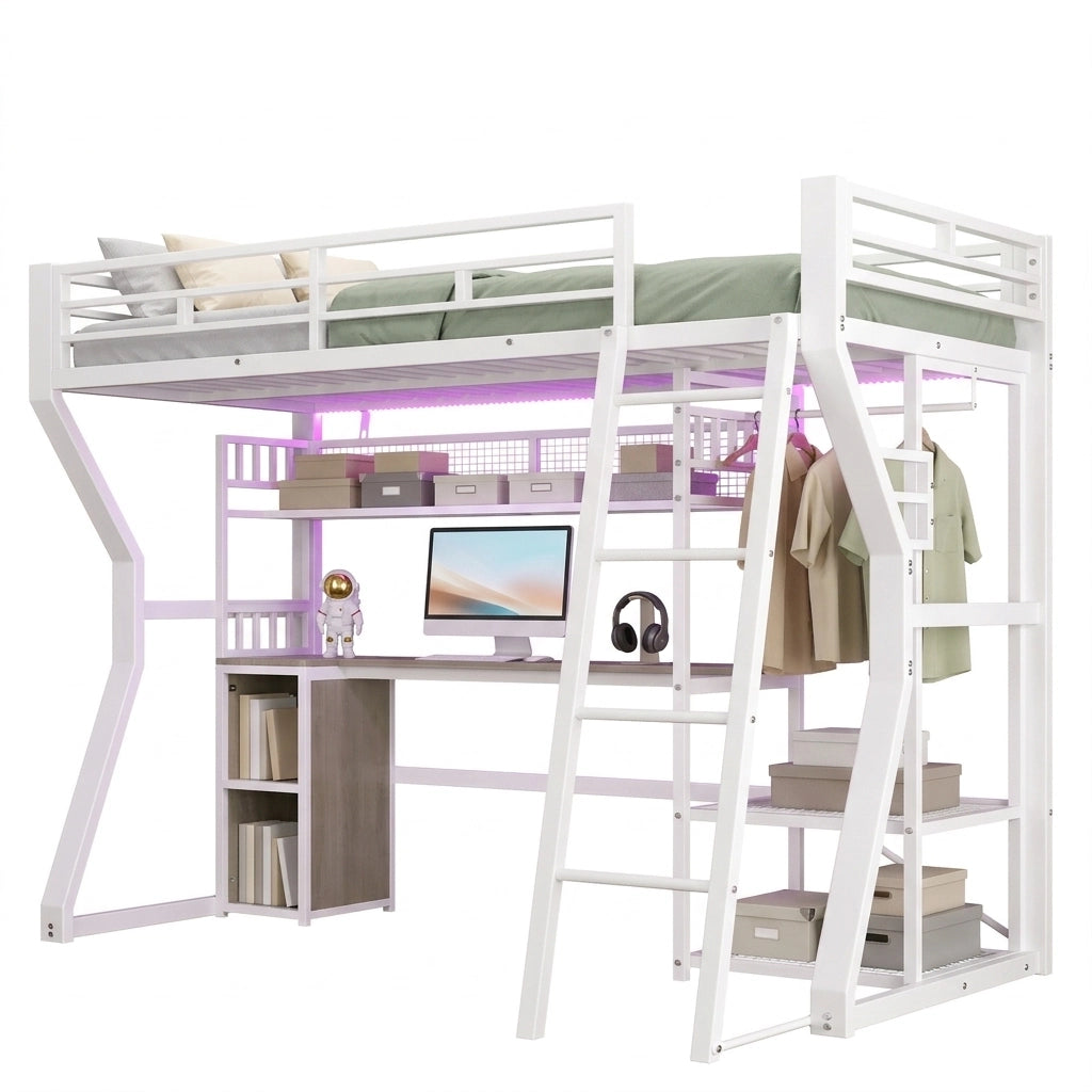 Letto a soppalco 90x200 cm bianco con scrivania, presa, luce LED e appendiabiti