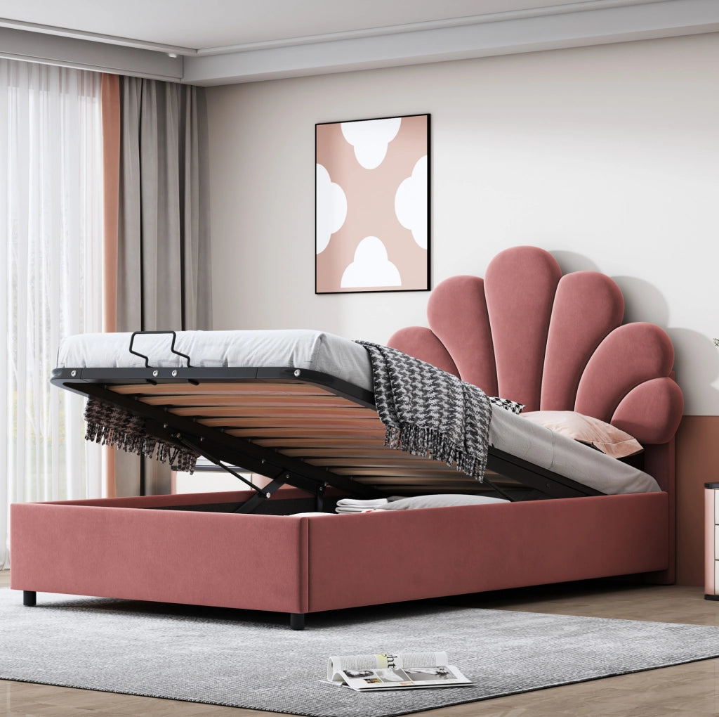 Letto imbottito 90x200 cm in velluto rosa con testiera floreale e vano contenitore