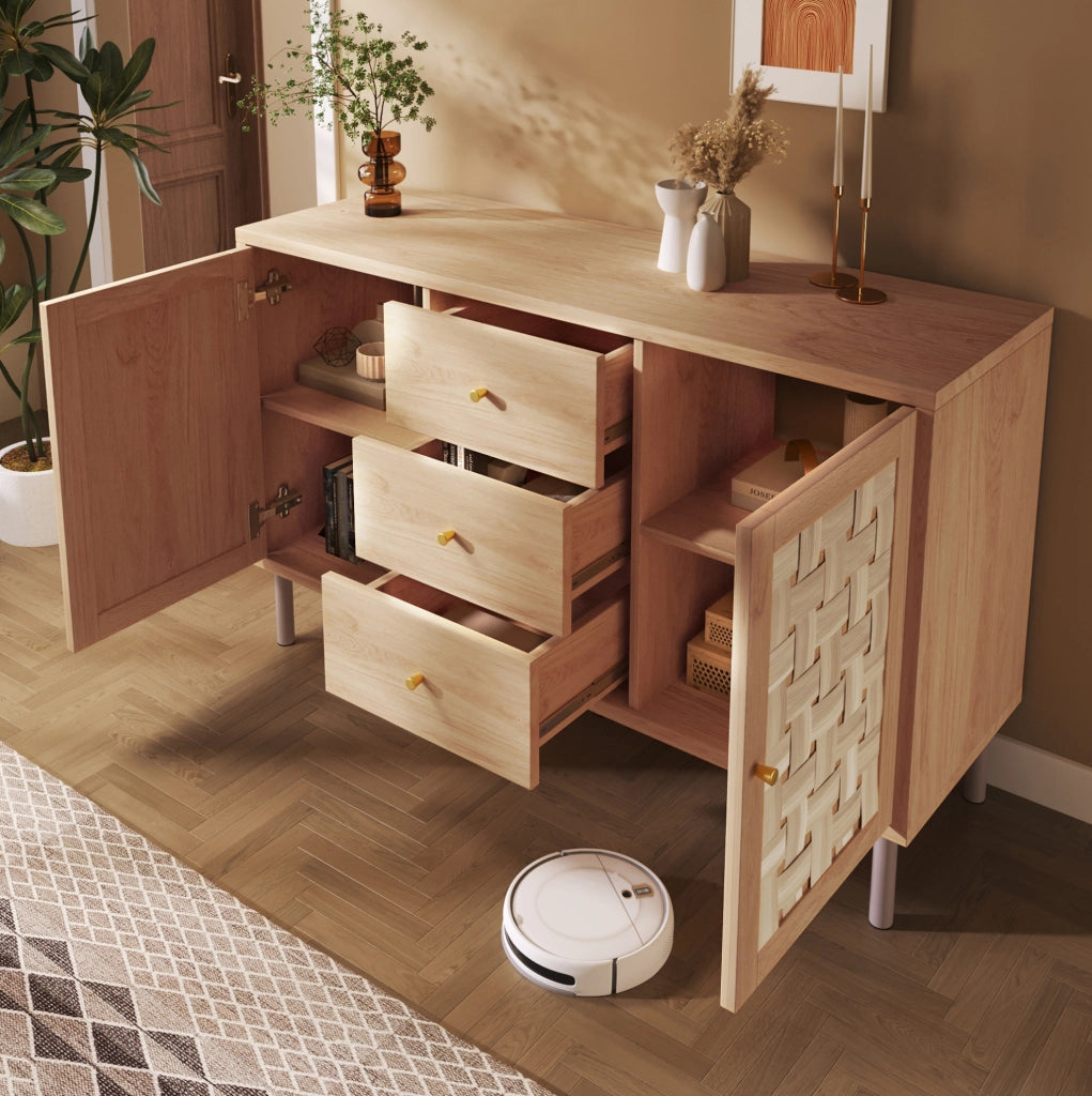 Credenza 120x40x75 cm con 2 ante; 3 cassetti e ripiani regolabili in legno naturale