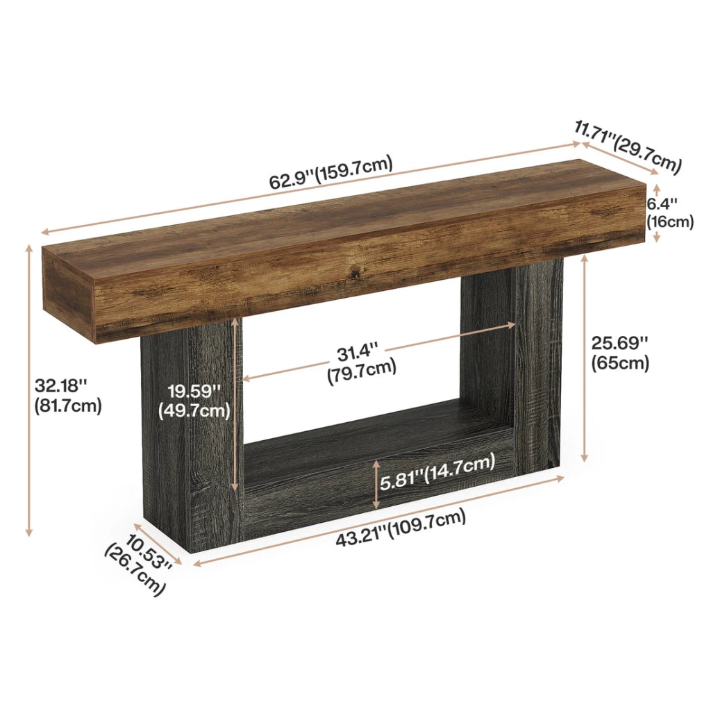 Consolle in MDF con base a U e ripiano inferiore stile rustico grigio e marrone per soggiorno e ingresso 160 cm