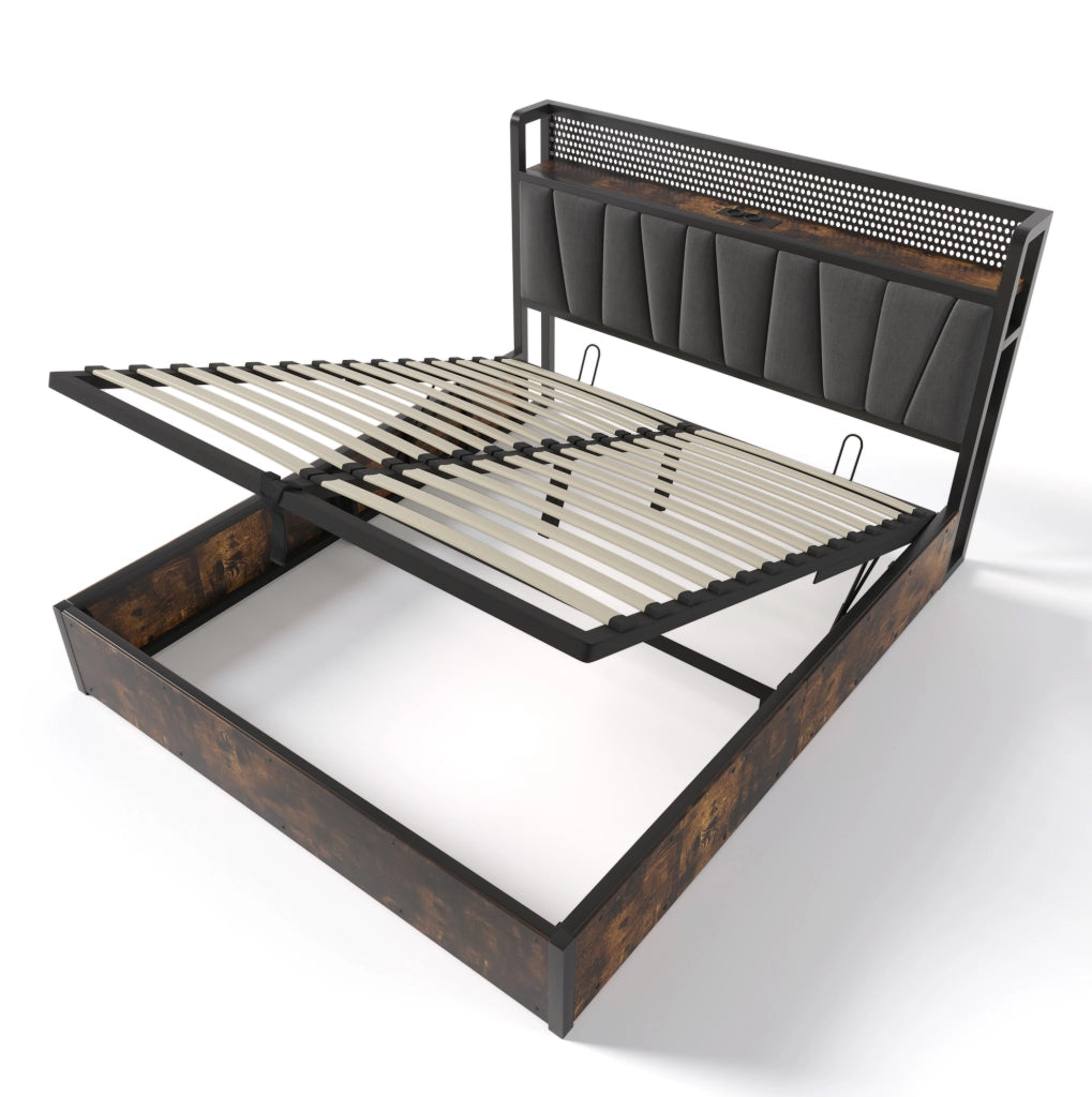 Letto matrimoniale 180x200 cm con LED; USB e contenitore; grigio