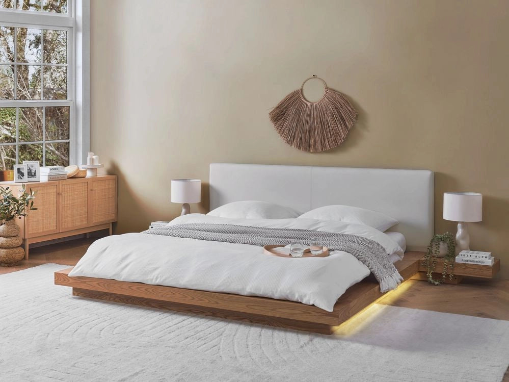 Letto LED in stile giapponese in frassino naturale 180 x 200 cm impiallacciato in legno MDF testata in ecopelle camera da letto a basso profilo