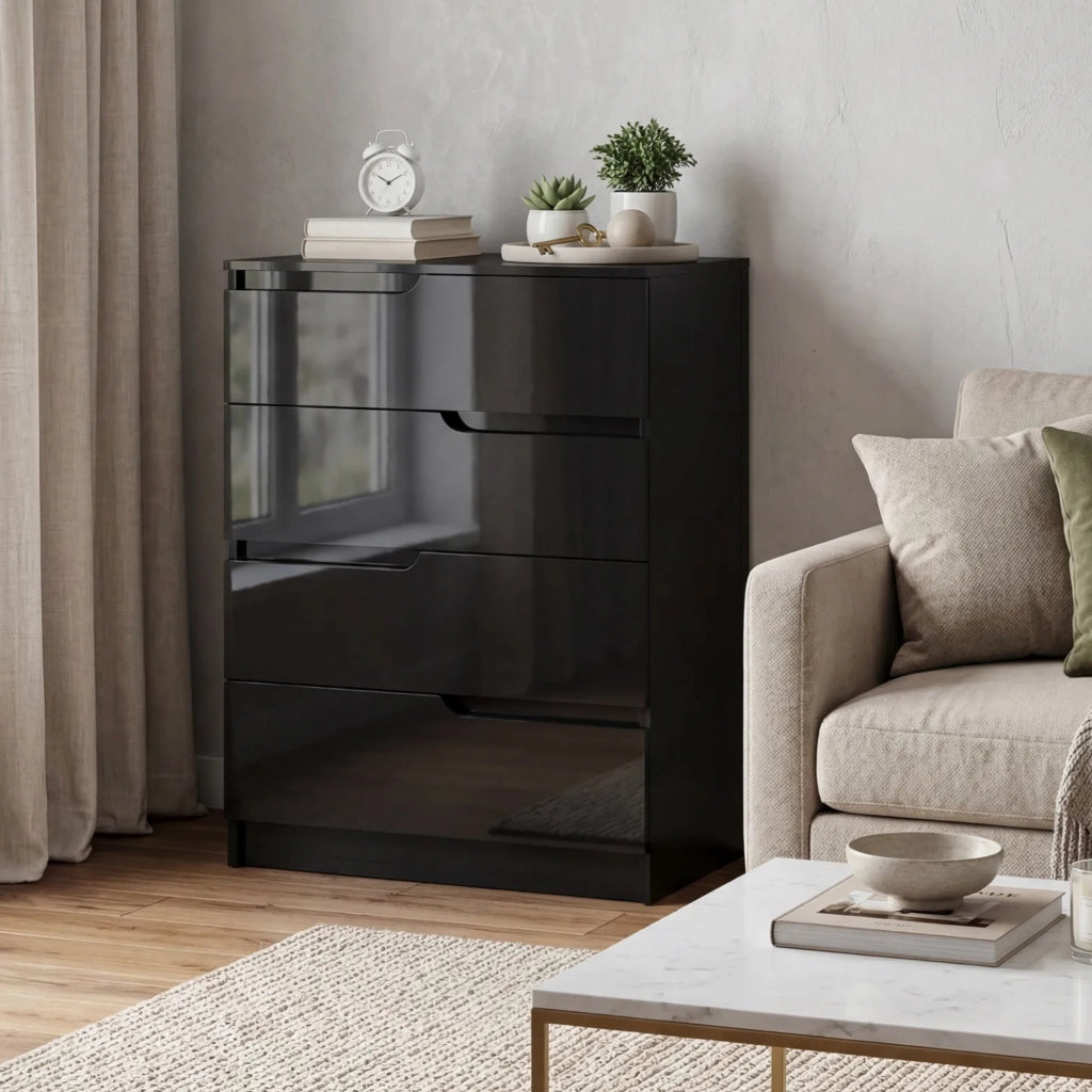 Cassettiera 60x40x85 cm 4 Cassetti Moderna e Minimal in Legno Nero Lucido