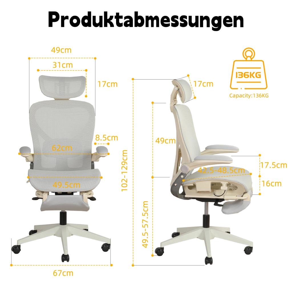 Sedia da ufficio ergonomica pieghevole in mesh con poggiatesta 3D e supporto lombare grigio 65 × 58,5 × 52,5 cm