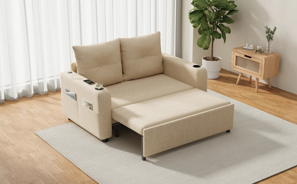 Divano letto 3 in 1 con portabicchieri, tasche laterali, cuscini e porte USB e tipo C in cotone lino beige