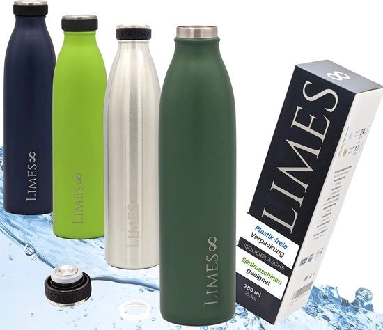 Fiasco di vetro, acciaio inossidabile, termos, 0,75 l, fiasco isolato, resistente al lavastoviglie, termos senza perdite, a doppia parete, adatto per l'acqua gassata.