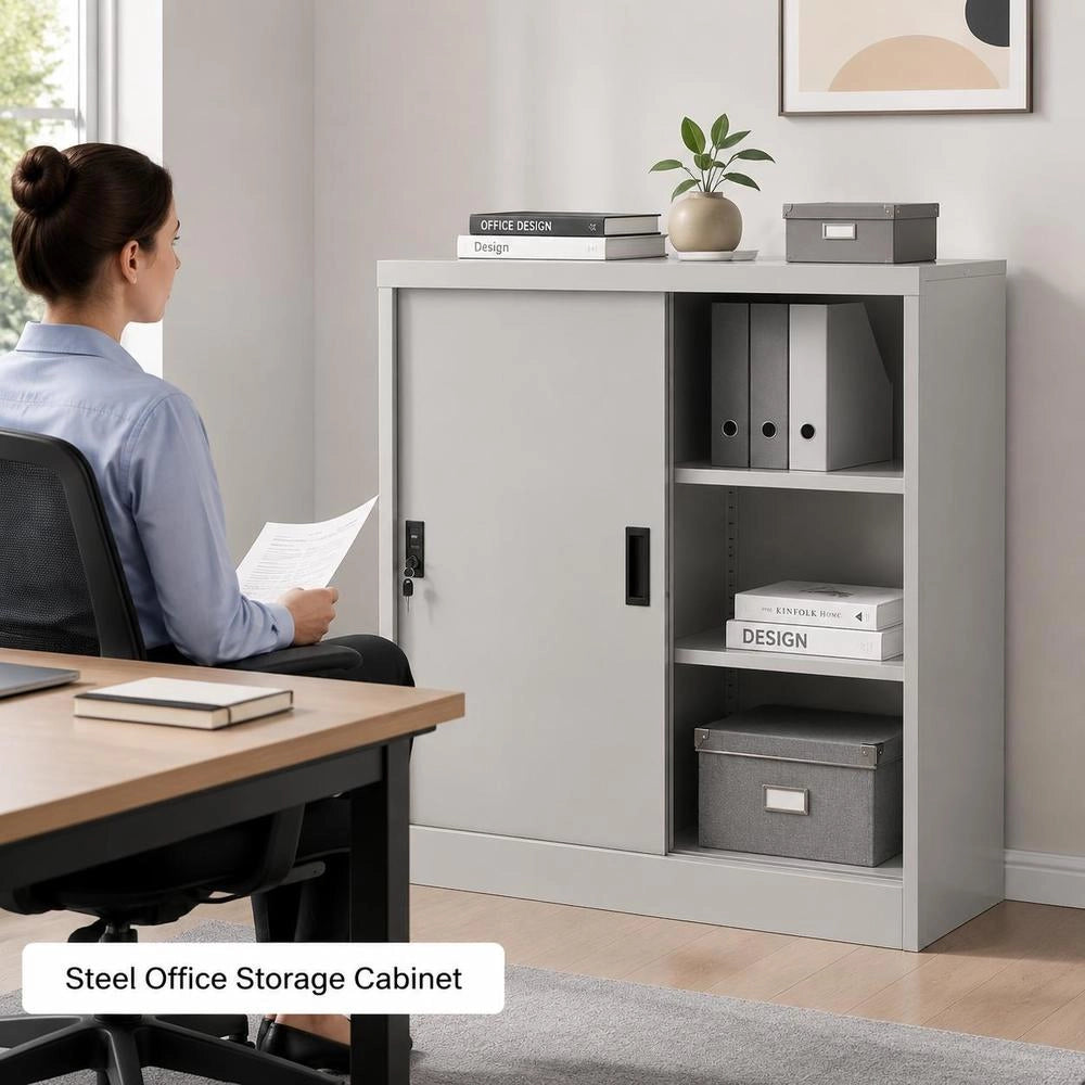 Office Cabinet With Sliding Door, Light Grey, 90x40x90 Cm, Steel