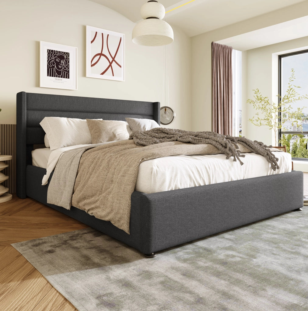 Letto matrimoniale imbottito con contenitore 140x200 cm in lino grigio; con rete sollevabile