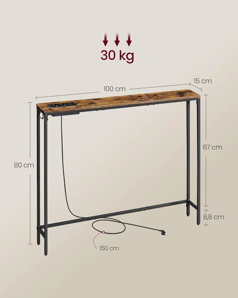 VASAGLE Tavolo Consolle con Stazione di Ricarica, Tavolo Stretto Dietro Divano, 15 x 100 x 80 cm, 1 Gancio, Montaggio Facile, Ingresso, Soggiorno, Marrone Vintage e Nero Inchiostro LNT079K02