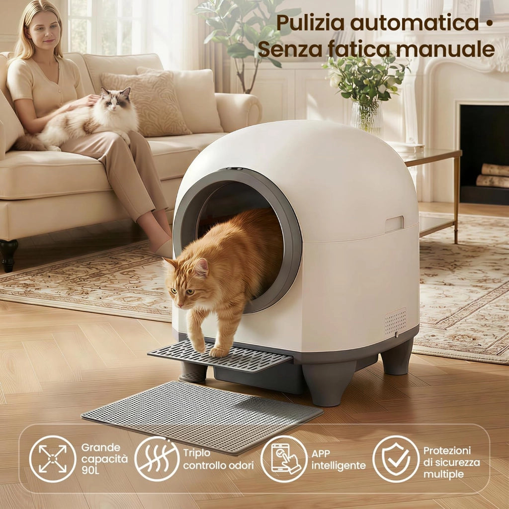 Lettiera Gatto Autopulente con APP, Lettiera Autopulente per Gatti da 90 L con Cassetto Feci da 8,5 L per Oltre una Settimana, Sistema Profumato e Sensore Radar, Adatta a Famiglie con Più Gatti.