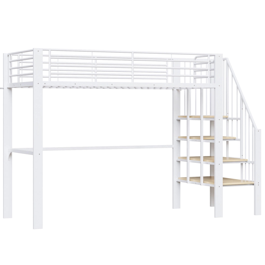 Letto a soppalco 90x200 cm in metallo e legno; con scala e spazio contenitore; bianco