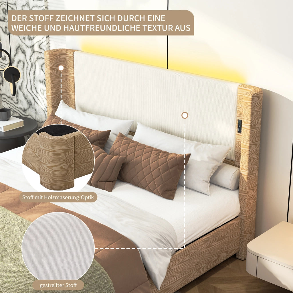 Letto 180x200 cm beige con LED e sollevamento idraulico