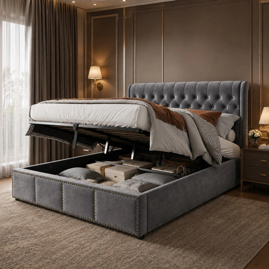 Letto matrimoniale imbottito 160x200 cm con contenitore, testiera morbida e rivestimento in velluto grigio