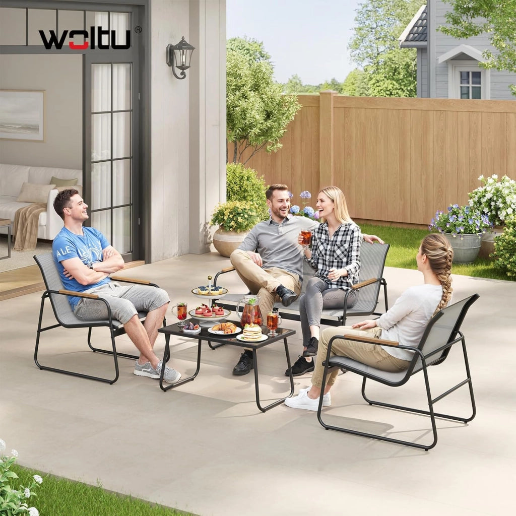 Set di Mobili da Esterno 4 Pezzi, Tavolo, Divano e 2 Sedie, Salotto da Giardino Resistente alle Intemperie, Struttura in Metallo, Tessuto Traspirante, per Balcone, Patio, Terrazza, Grigio
