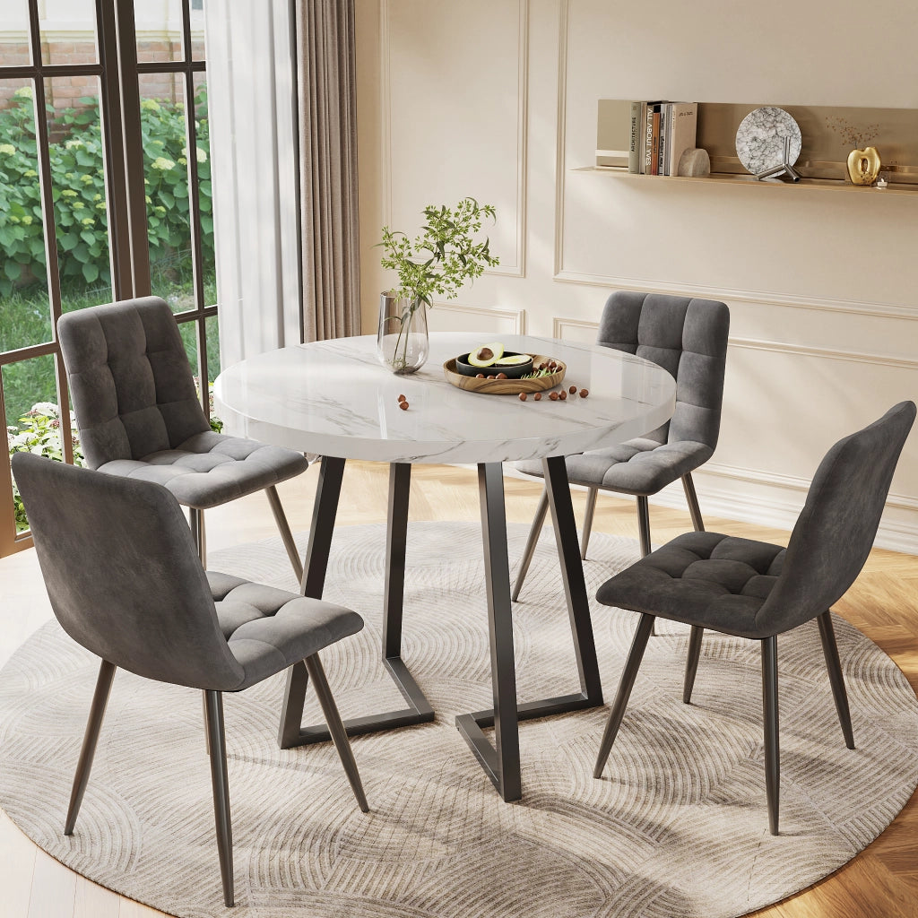 Tavolo da pranzo rotondo per 4 persone set da 5 pezzi con 4 sedie in velluto, piano effetto marmo, 80 cm