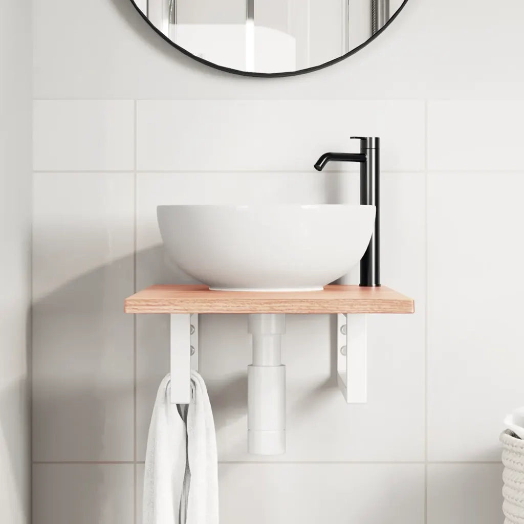 Ripiano a Parete per Lavabo in Acciaio e Massello di Rovere
