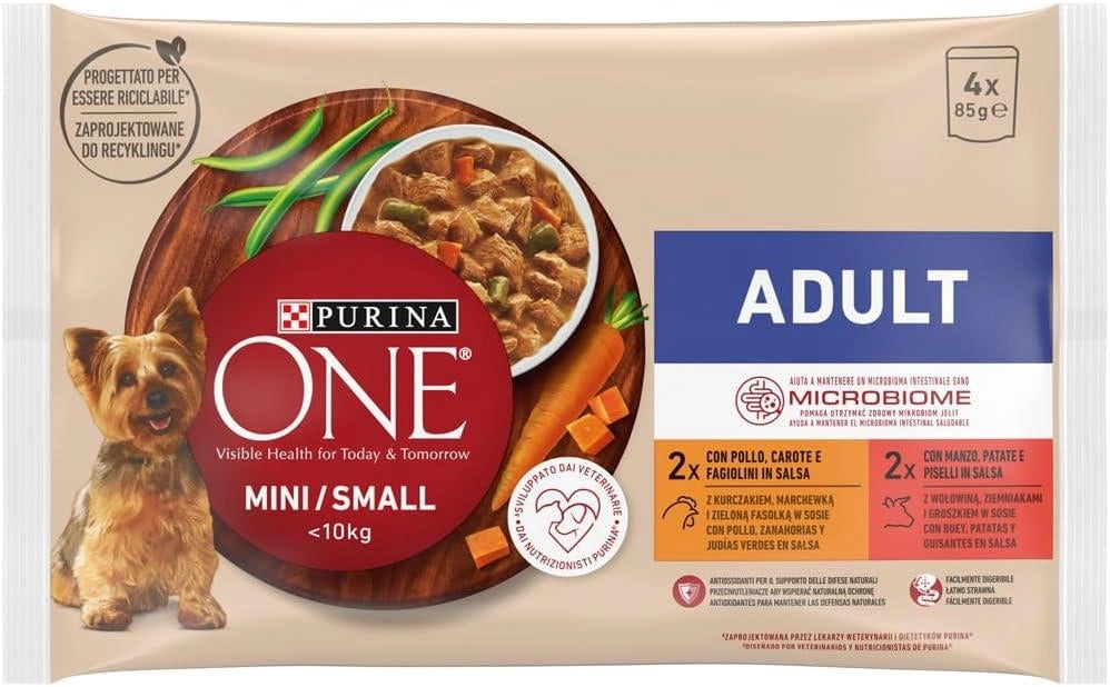 PURINA ONE MINI CIBO UMIDO PER CANI ADULTI CON POLLO E MANZO 4X85 GR