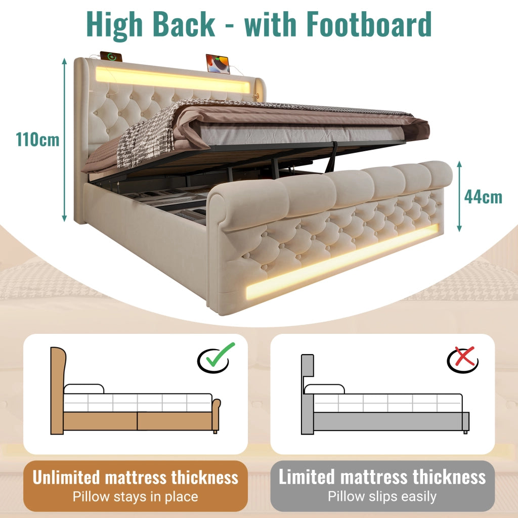 Letto Matrimoniale 140x200 cm con LED; USB e Type-C; Contenitore Idraulico in Velluto