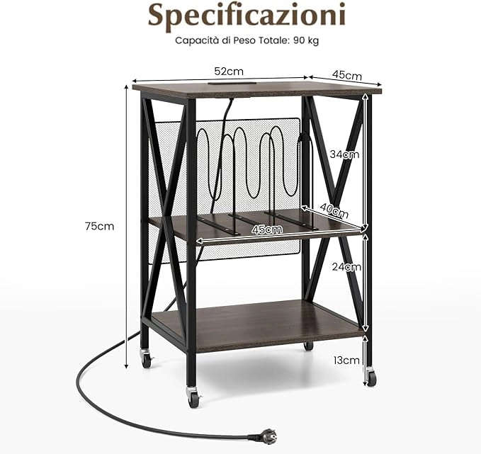 Supporto per Giradischi, Supporto per Giradischi in Vinile con Presa di Corrente e Porta USB, Ruote Bloccabili, 3 Livelli, per Soggiorno, Camera da Letto, 52 x 45 x 75 cm (Grigio)