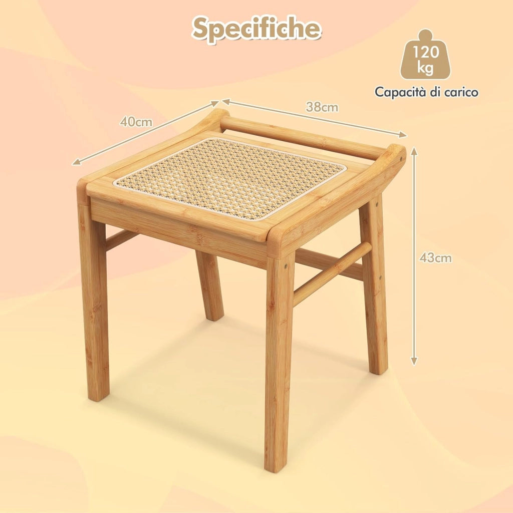 Sgabello per Tavolo da Trucco in Bambù, Sgabello con Seduta in Rattan e Piedini Antiscivolo, per Soggiorno, Camera da Letto, 38 x 40 x 43 cm