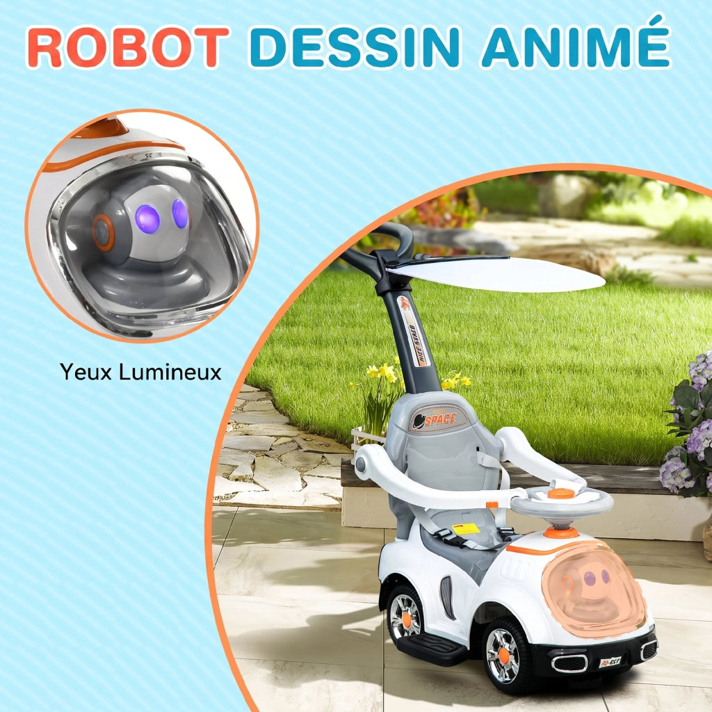 Macchina Cavalcabile per Bambini 3 in 1 Auto a Spinta con Maniglione Pedali e Parasole Robot Bianco