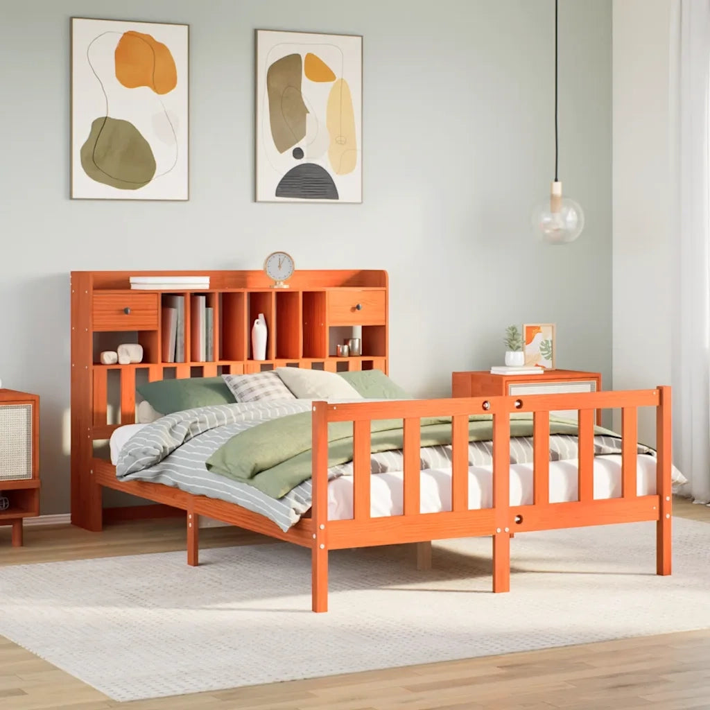Letto Libreria senza Materasso-Struttura Letto con contenitore Marrone Cera 160x200 cm in Pino 786867