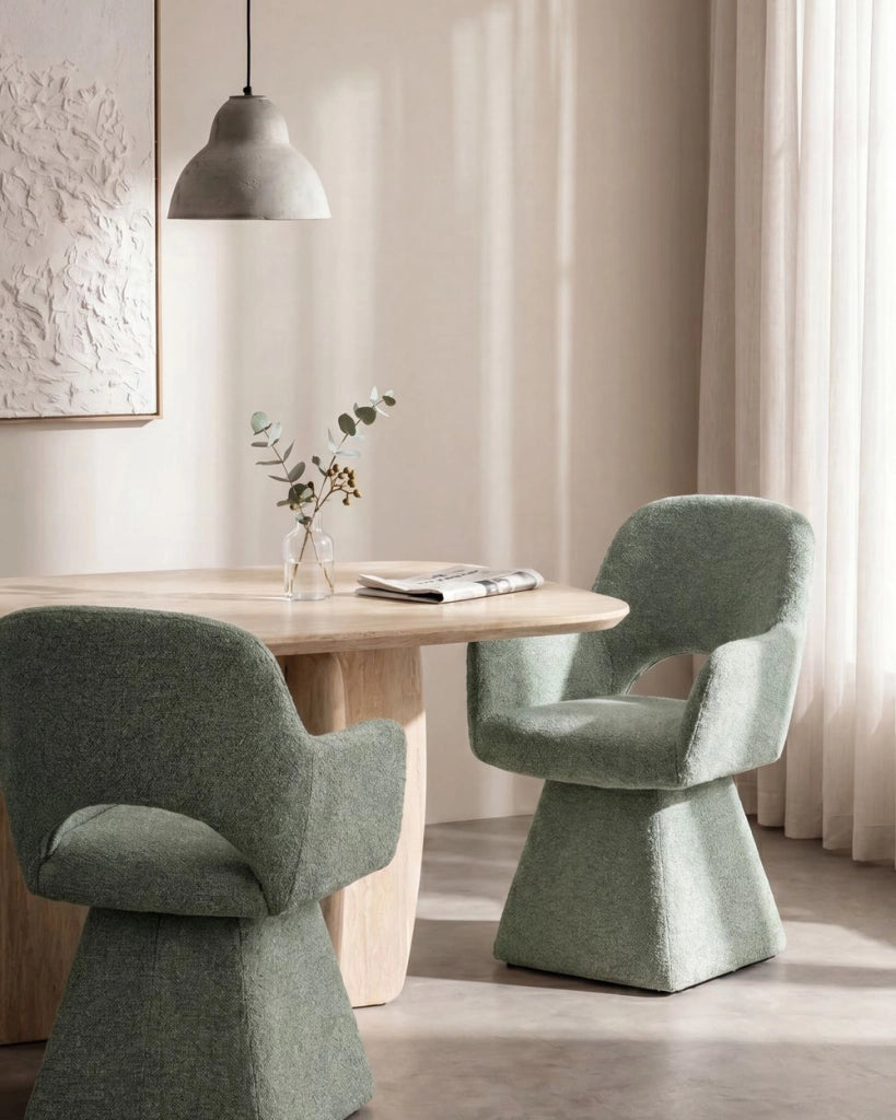 Sedia da pranzo girevole in tessuto verde scuro, interamente rivestita, con imbottitura spessa e seduta ampia, per soggiorno moderno