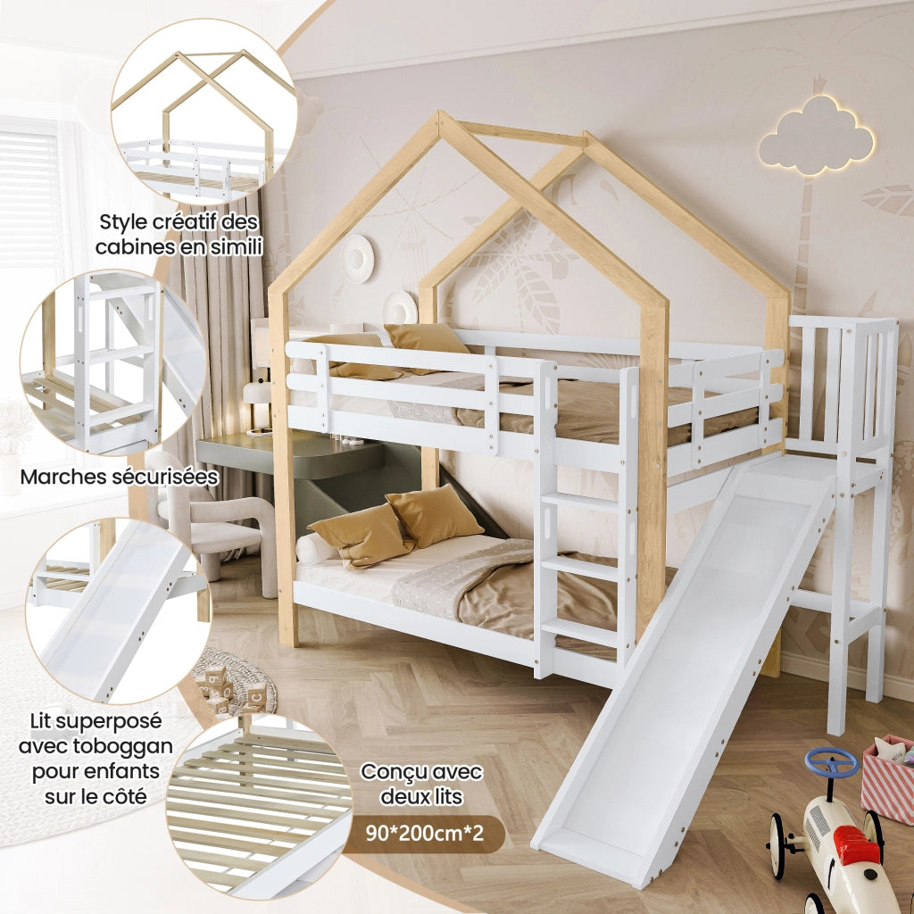 Letto a Castello 90x200 cm con Scivolo e Scala a 3 Gradini in Legno Bianco Naturale