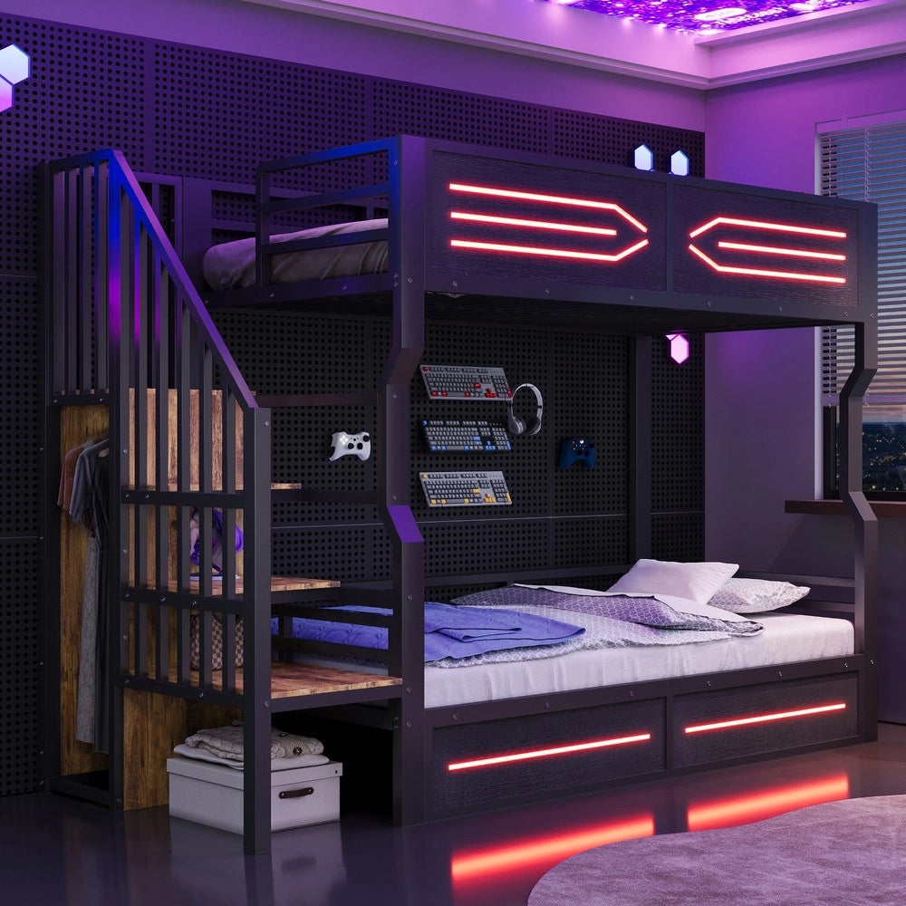 Letto a Soppalco con Cassetti, LED e Scala ¨C Xylo ¨C Nero 90x200