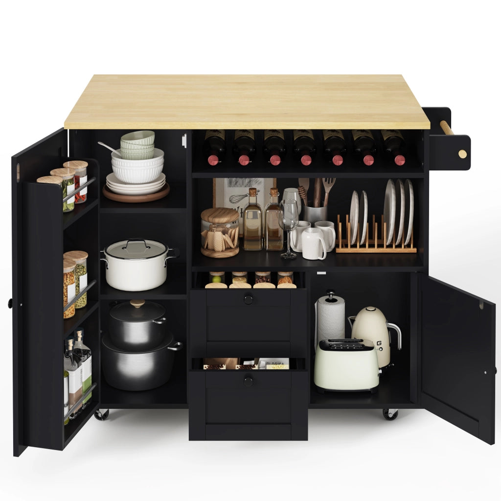 Carrello isola da cucina pieghevole 104x45(69)x89 cm in MDF naturale e nero
