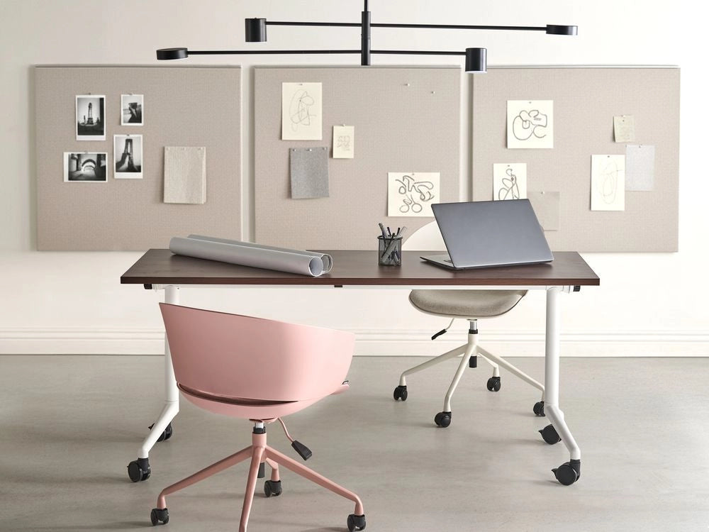 Scrivania rettangolare pieghevole con rotelle portatile con struttura in metallo marrone scuro e bianco 160 x 60 cm stile moderno