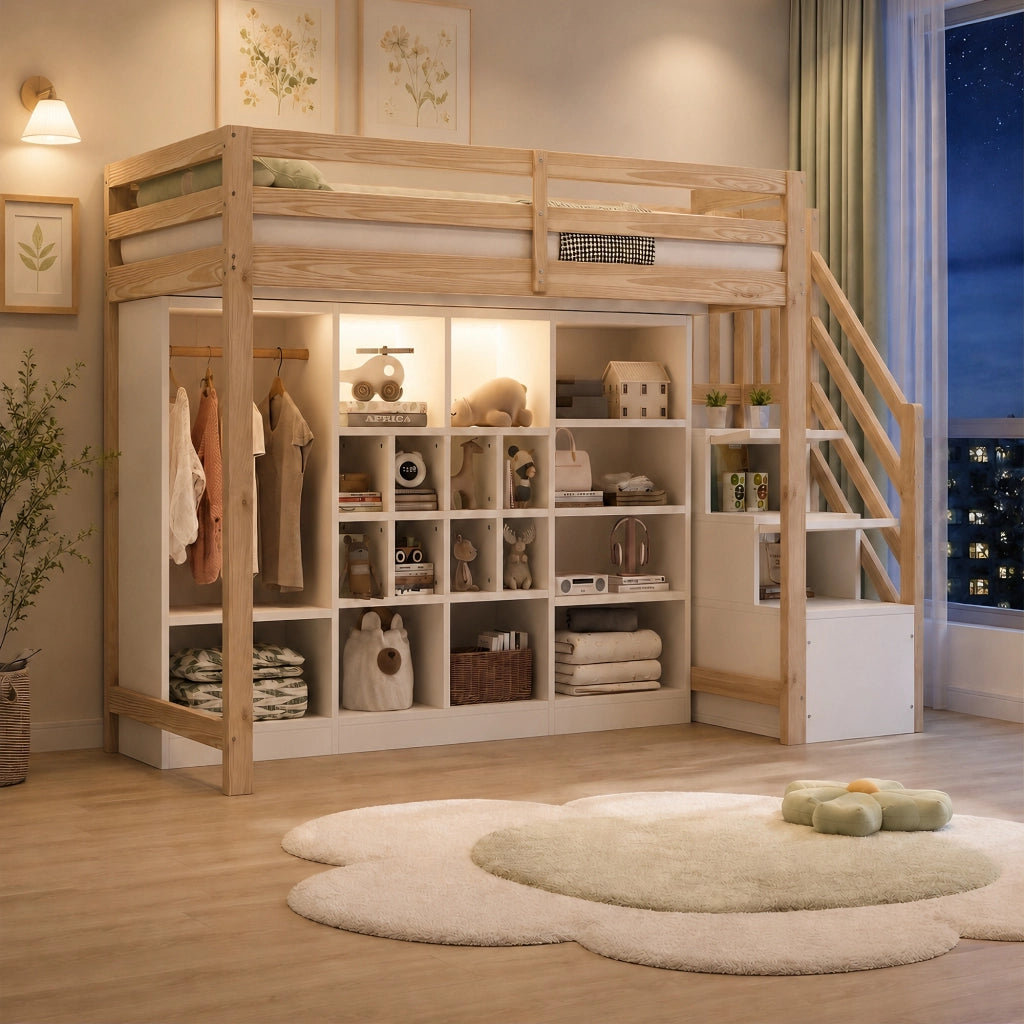 LETTO a soppalco 90x200 cm in legno naturale/bianco con scala laterale e LED