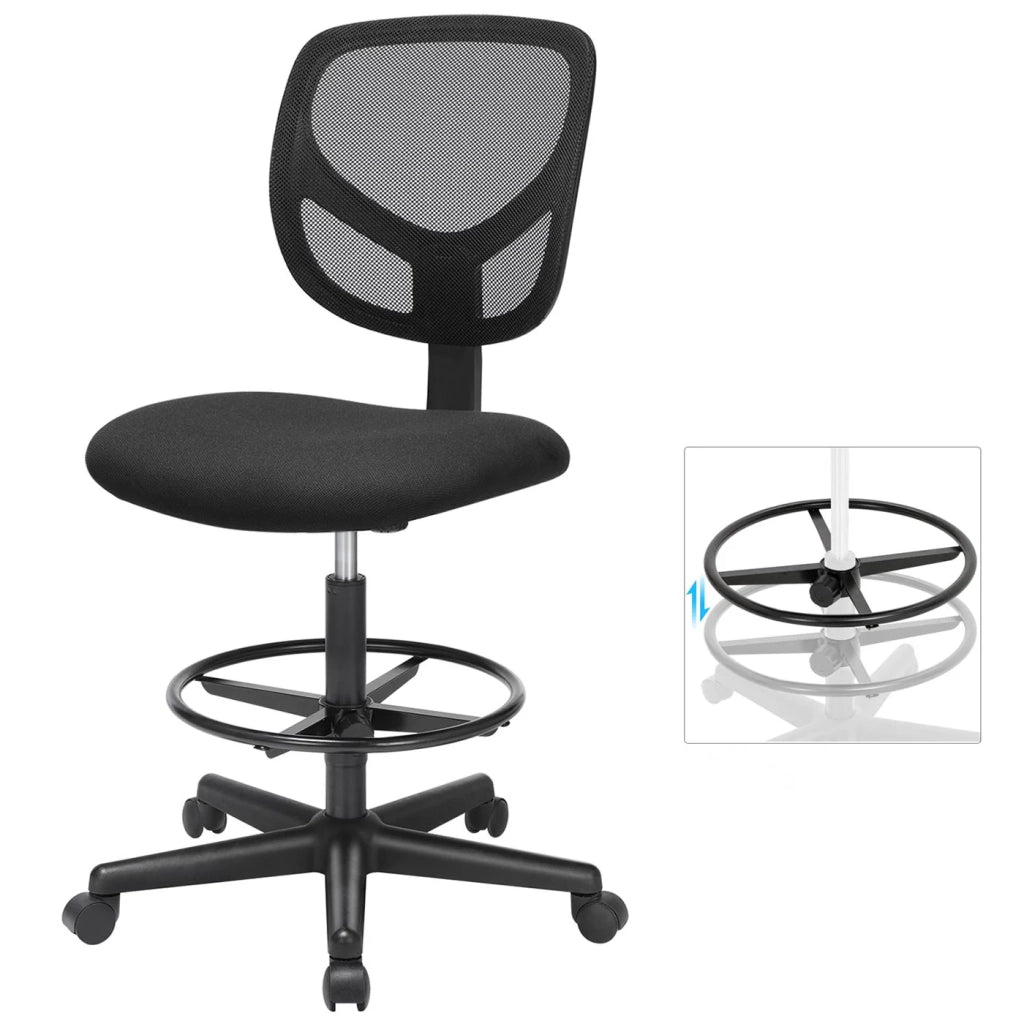 Sgabello con poggiapiedi circolare regolabile in altezza seduta ergonomica girevole sedia da ufficio senza braccioli rivestimento in tessuto portata massima 120 kg nero 12_0007702