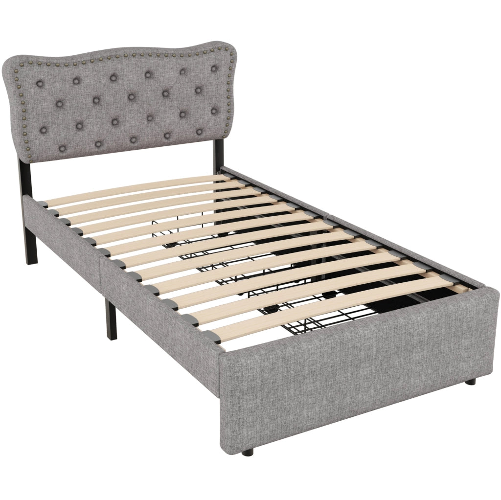 Letto imbottito 90x200 cm; cassetti; testiera regolabile; MDF e lino; grigio