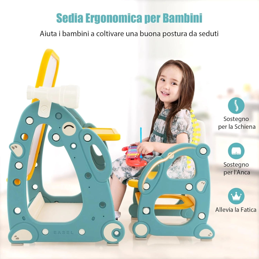 Tavolo da Disegno per Bambini con Sedia, Cavalletto Artistico con Lavagna Regolabile a 3 Livelli, Telescopio e Gioco dell'Anello, Cestino Portaoggetti 8 Pennarelli 3 Anelli 2 Magneti e Gomma