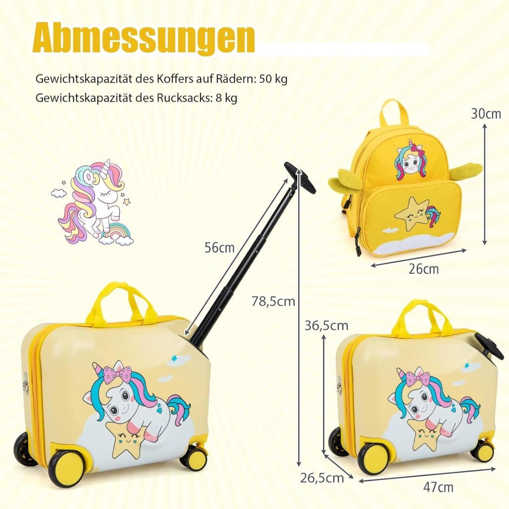 Set di Valigia Cavalcabile 18’’ + Zaino 12’’ per Bambini 2 Pezzi, Bagagli 2-in-1 di con Maniglia Telescopica e 4 Ruote, Trolley Bagaglio a Mano e Zaino per Bambini (Giallo Unicorno-C)