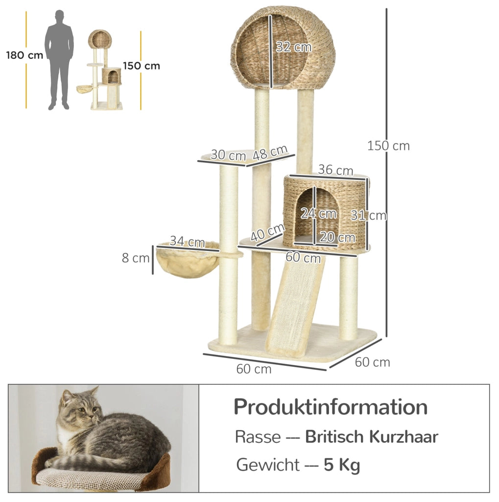 Tiragraffi per gatti beige con amaca, casetta e rampe